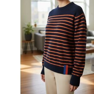 Kule Cashmere Sophie Striped Sweater Navy Blue Crewneck Long Sleeve Womens S